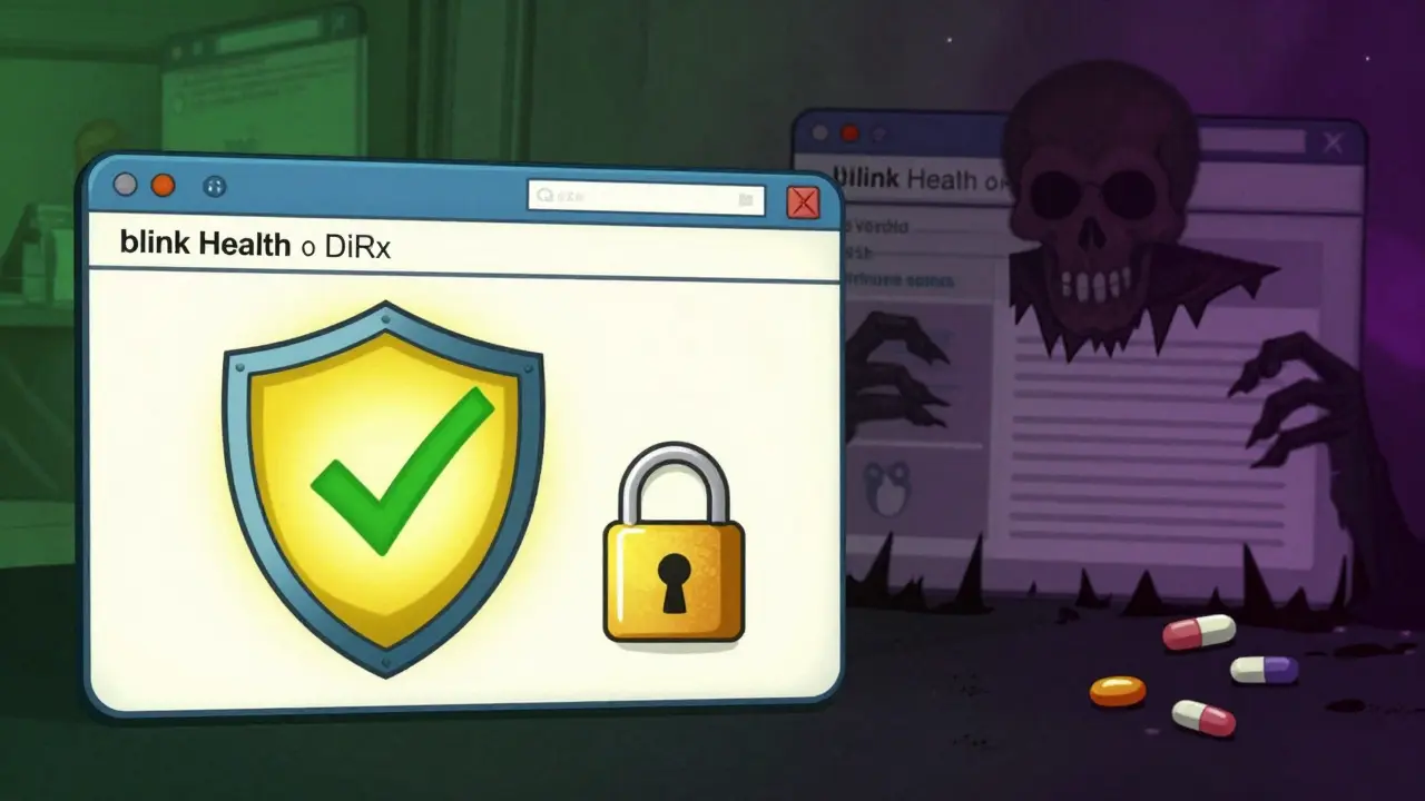Illustration comparing safe verified pharmacies to dangerous scam sites