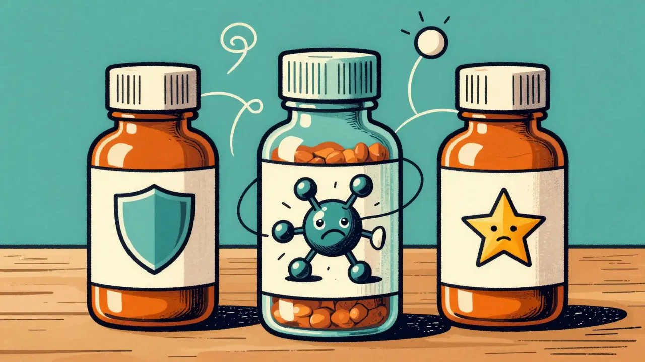 Medicine bottles interacting with stressed molecule
