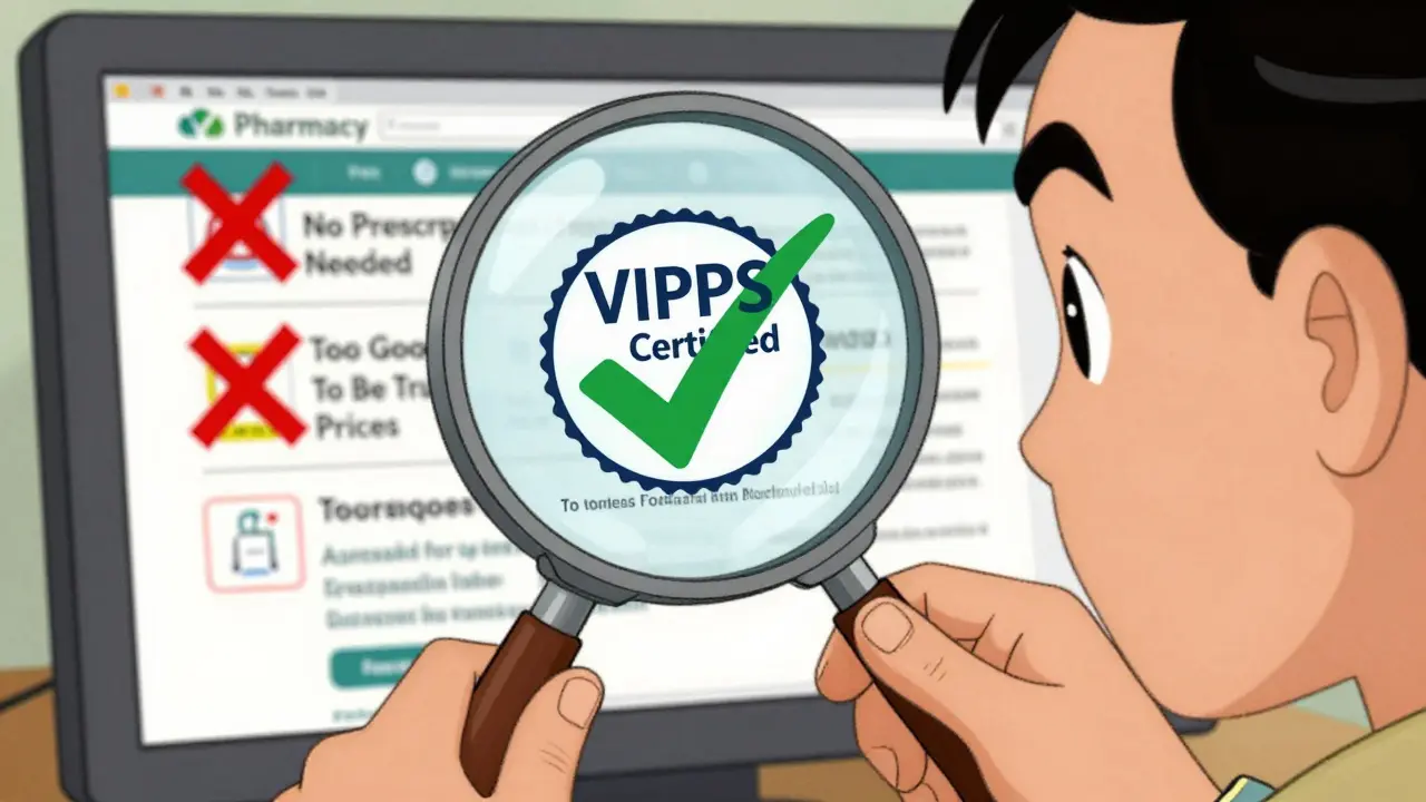 Person using magnifying glass to verify safe pharmacy seals on a website