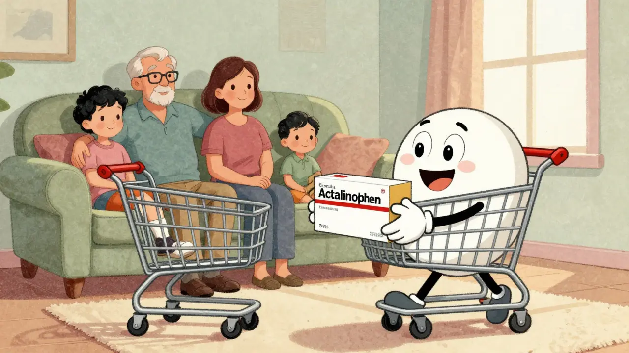 Relaxed family receiving bulk generic pain relief medication in a cozy home