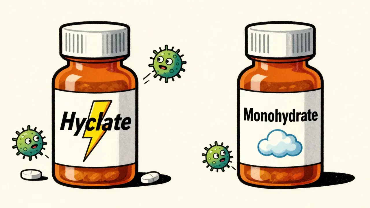 Retro illustration comparing Hyclate and Monohydrate antibiotic forms
