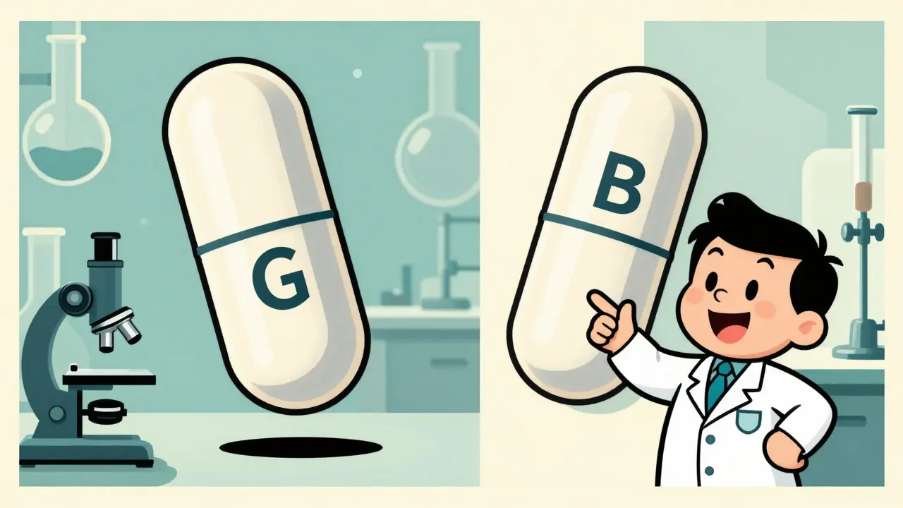 Vintage cartoon comparing generic and brand name pills