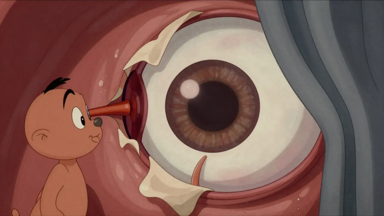 Vintage cartoon metaphor of retina peeling like wallpaper indicating detachment