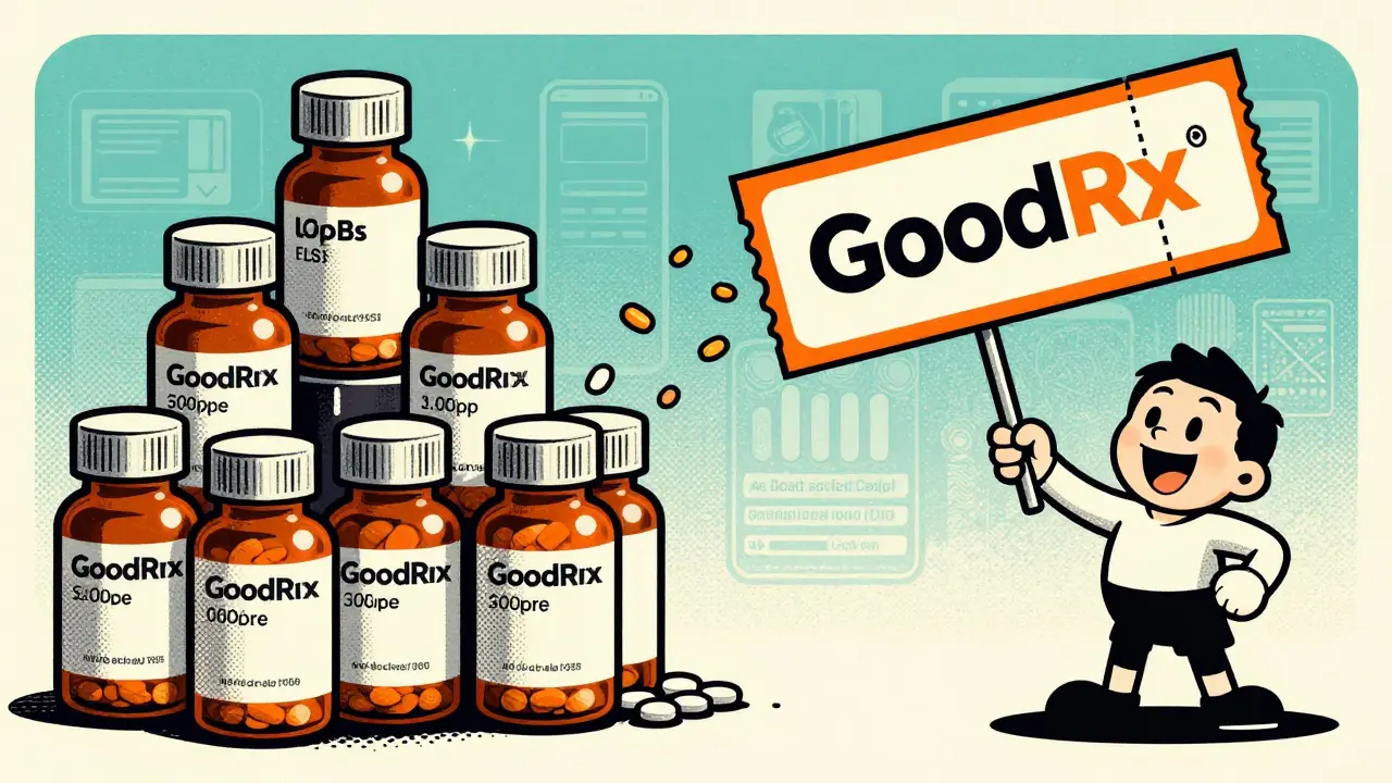 Vintage cartoon showing coupons drastically lowering medicine costs