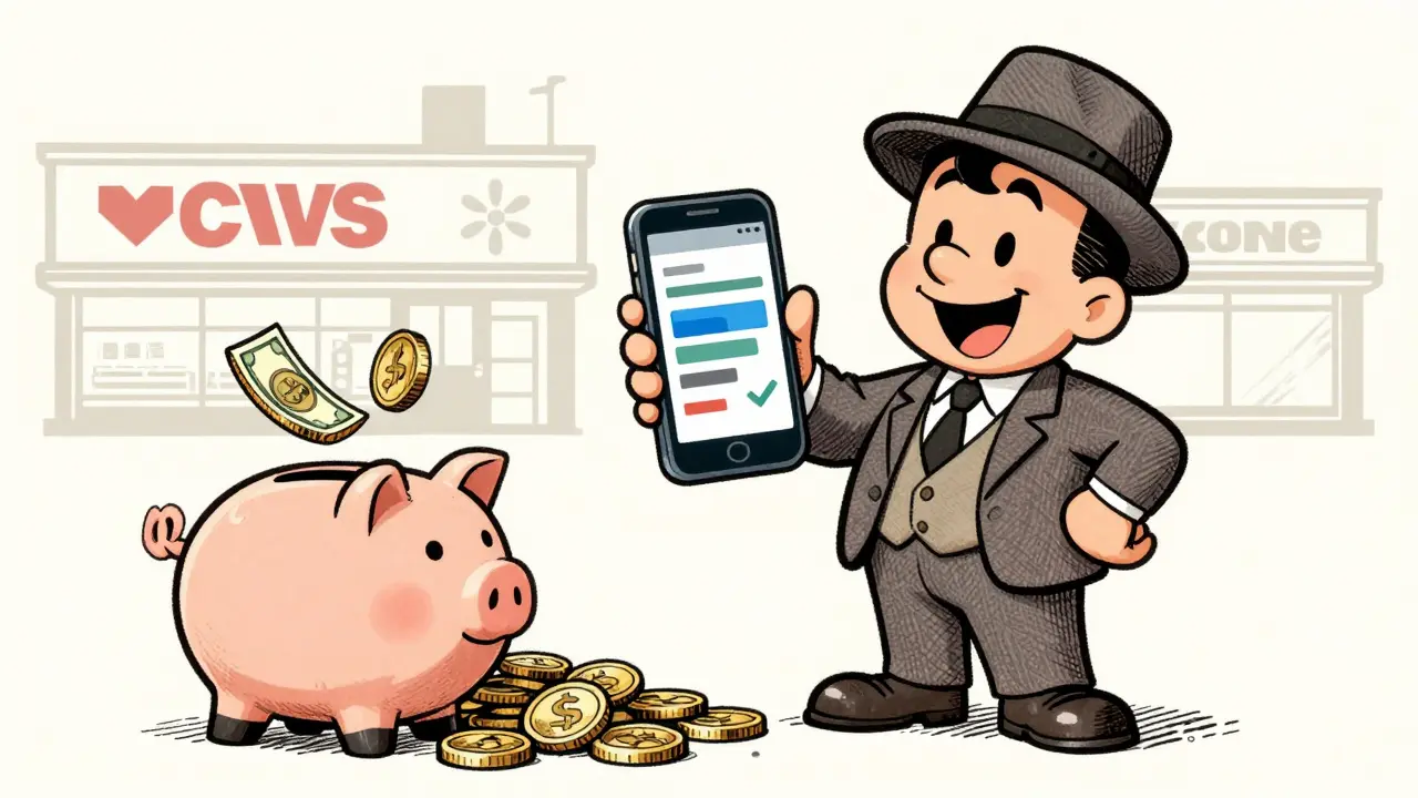 Vintage cartoon showing savings via phone coupons and overflowing coins
