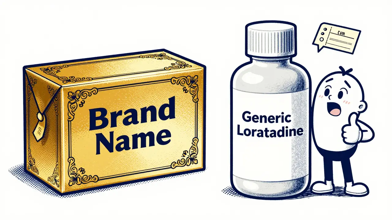 Vintage comic comparing expensive brand vs cheap generic pill bottles