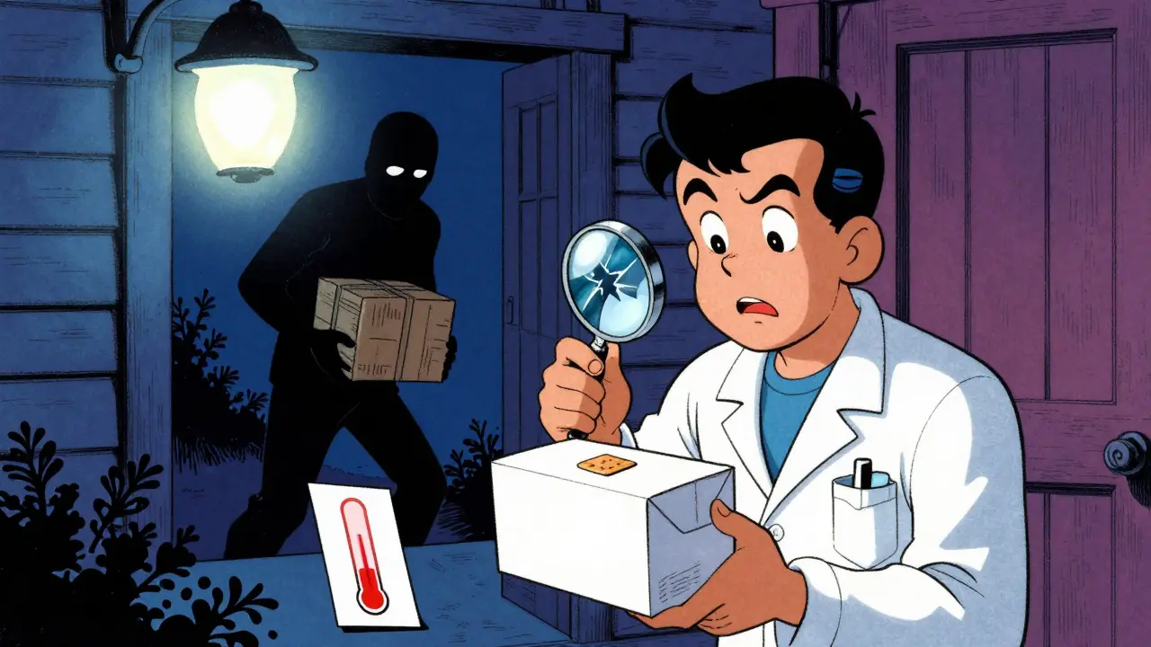 Cartoon character inspecting a tampered medicine package at night