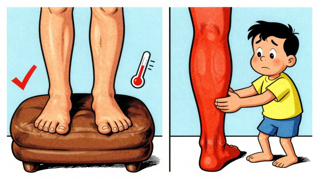 Cartoon comparing benign bilateral leg swelling vs dangerous unilateral swelling