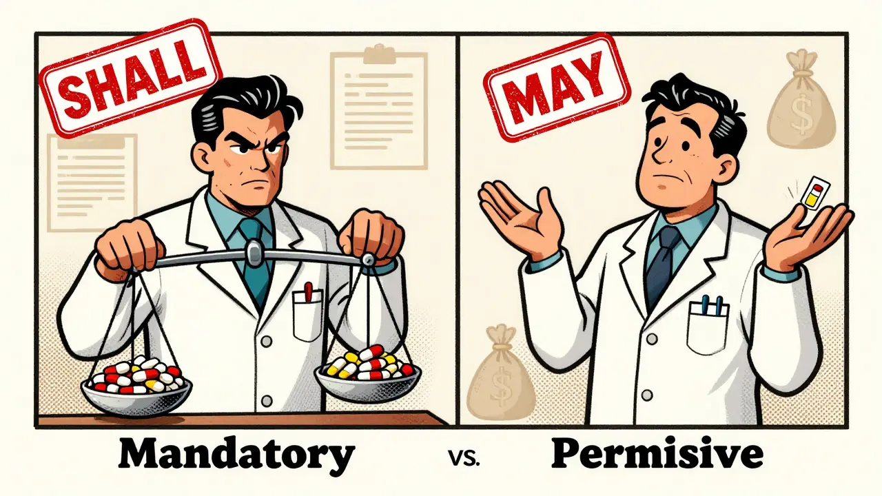 Cartoon comparing mandatory vs permissive drug substitution laws