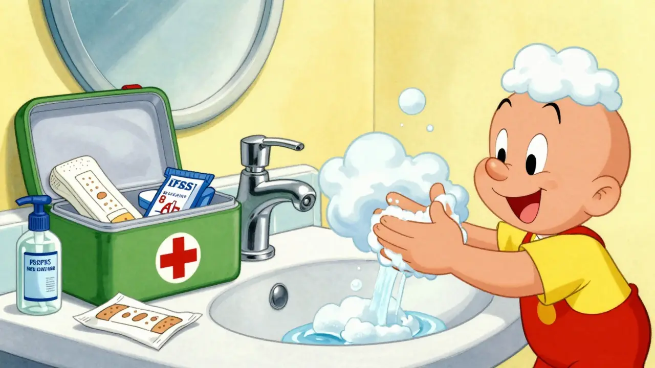 Cartoon illustration of a person washing hands to prevent bacterial infection.