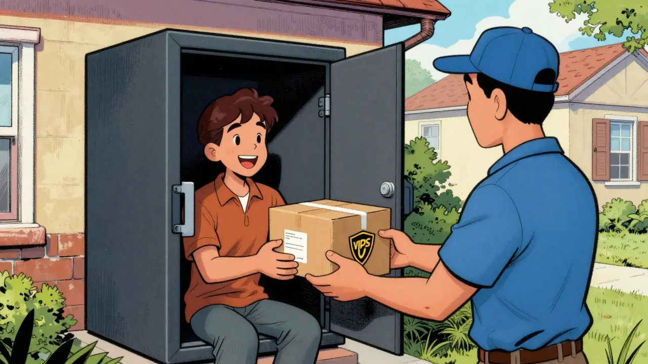 Cartoon showing safe home delivery of verified medication package to a customer