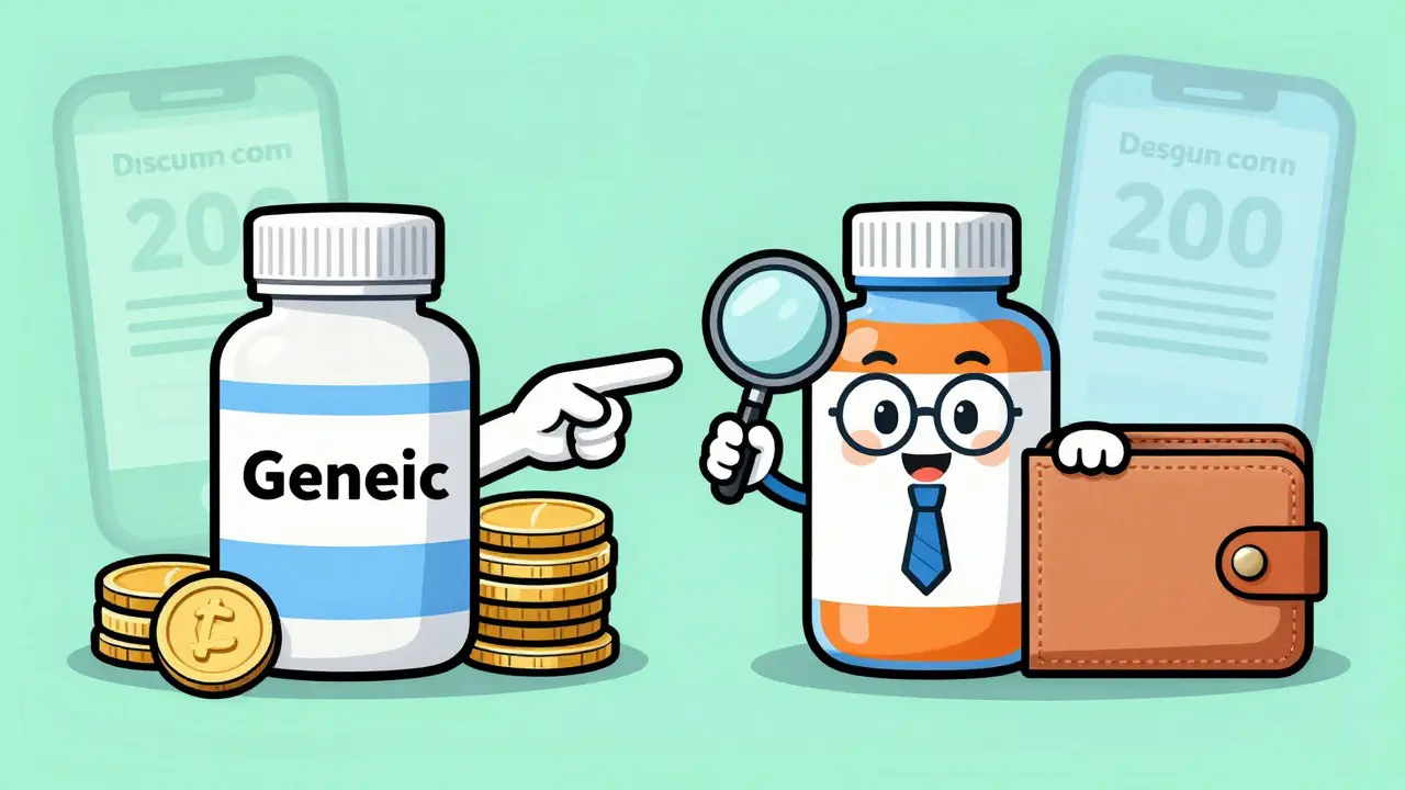 Comparison of cheap generic antibiotics versus expensive brand names with digital coupons in retro art