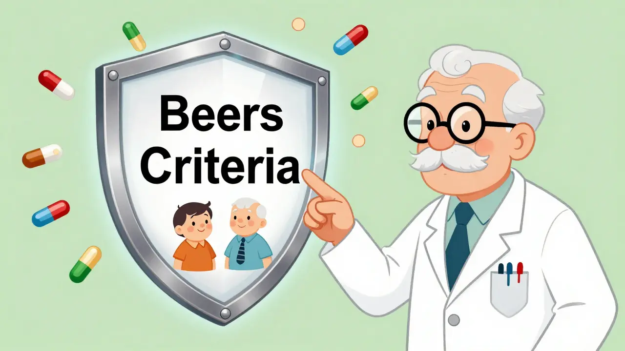 Doctor protecting seniors from dangerous meds with Beers Criteria shield