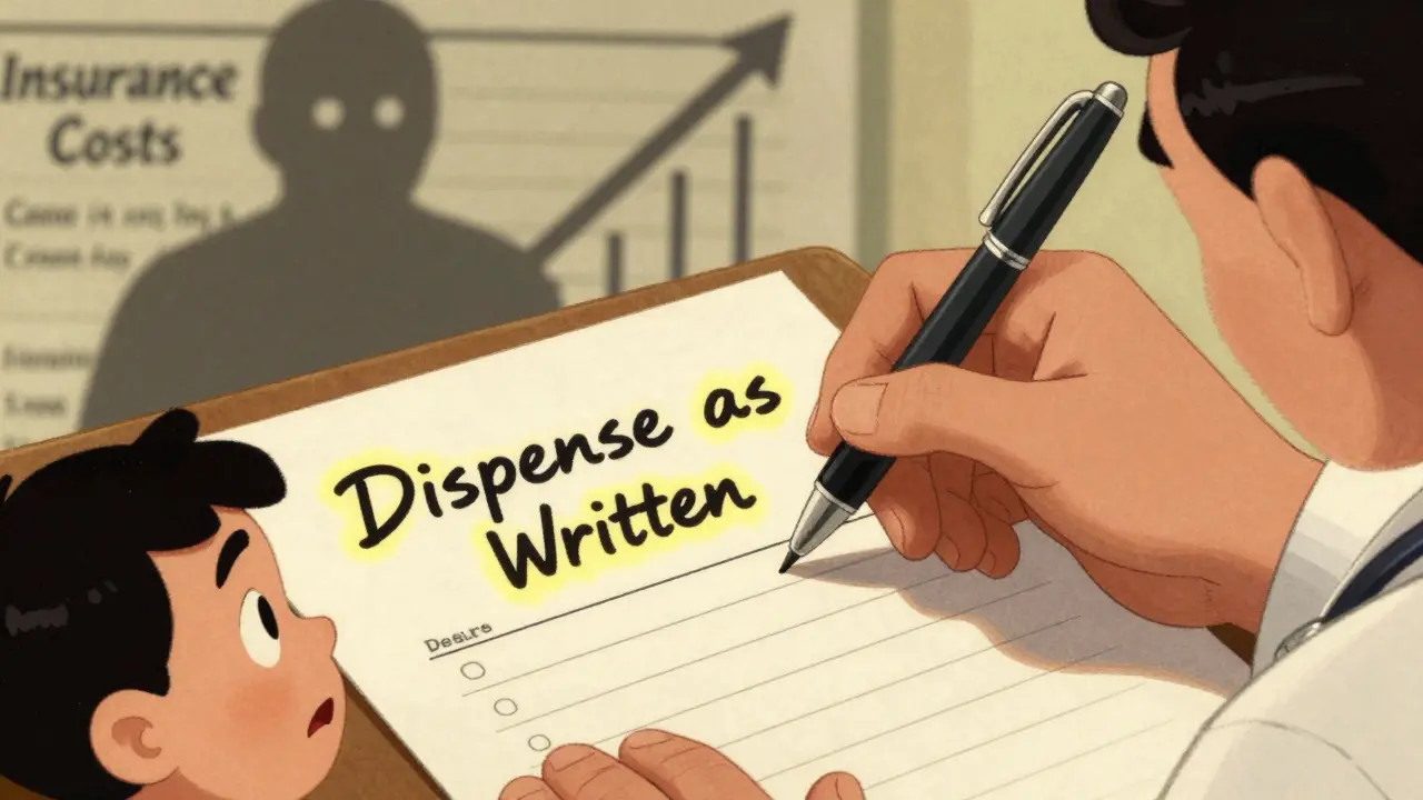 Doctor writing dispense as written on prescription pad