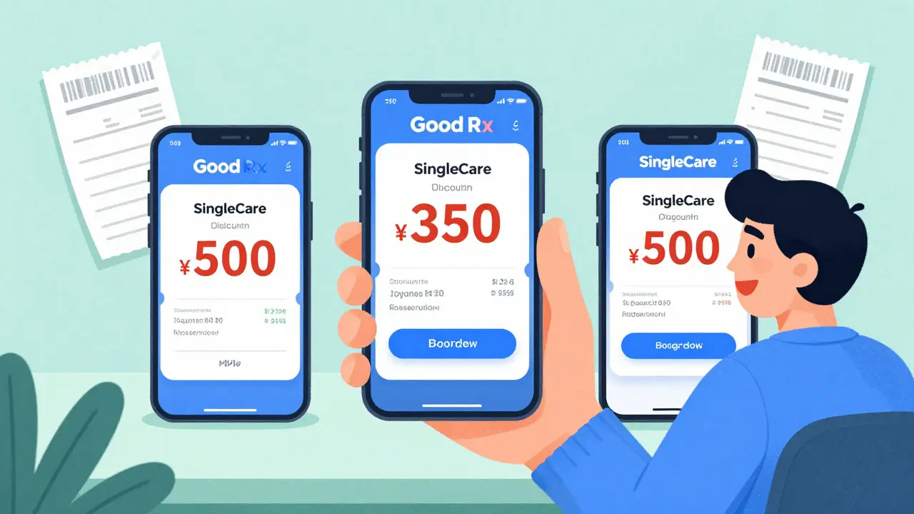 Happy person comparing cheap drug coupons on phones in retro art style