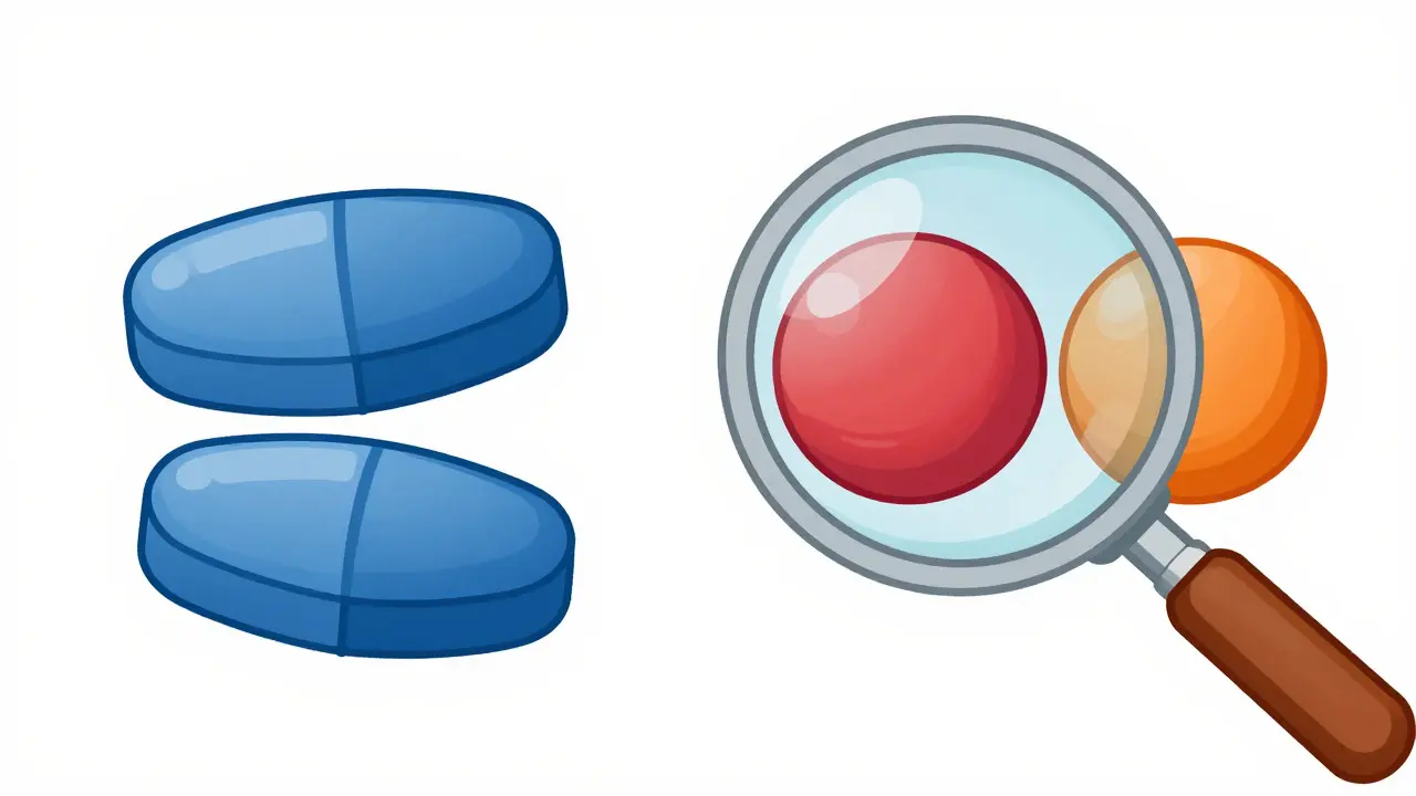 Illustration comparing identical generic pills versus different therapeutic interchange pills under a magnifying glass.