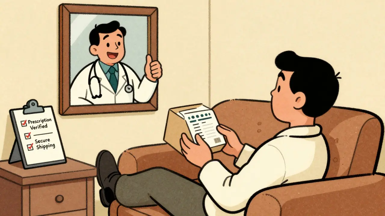 Person receiving safe online medication delivery with telehealth doctor approval in vintage cartoon