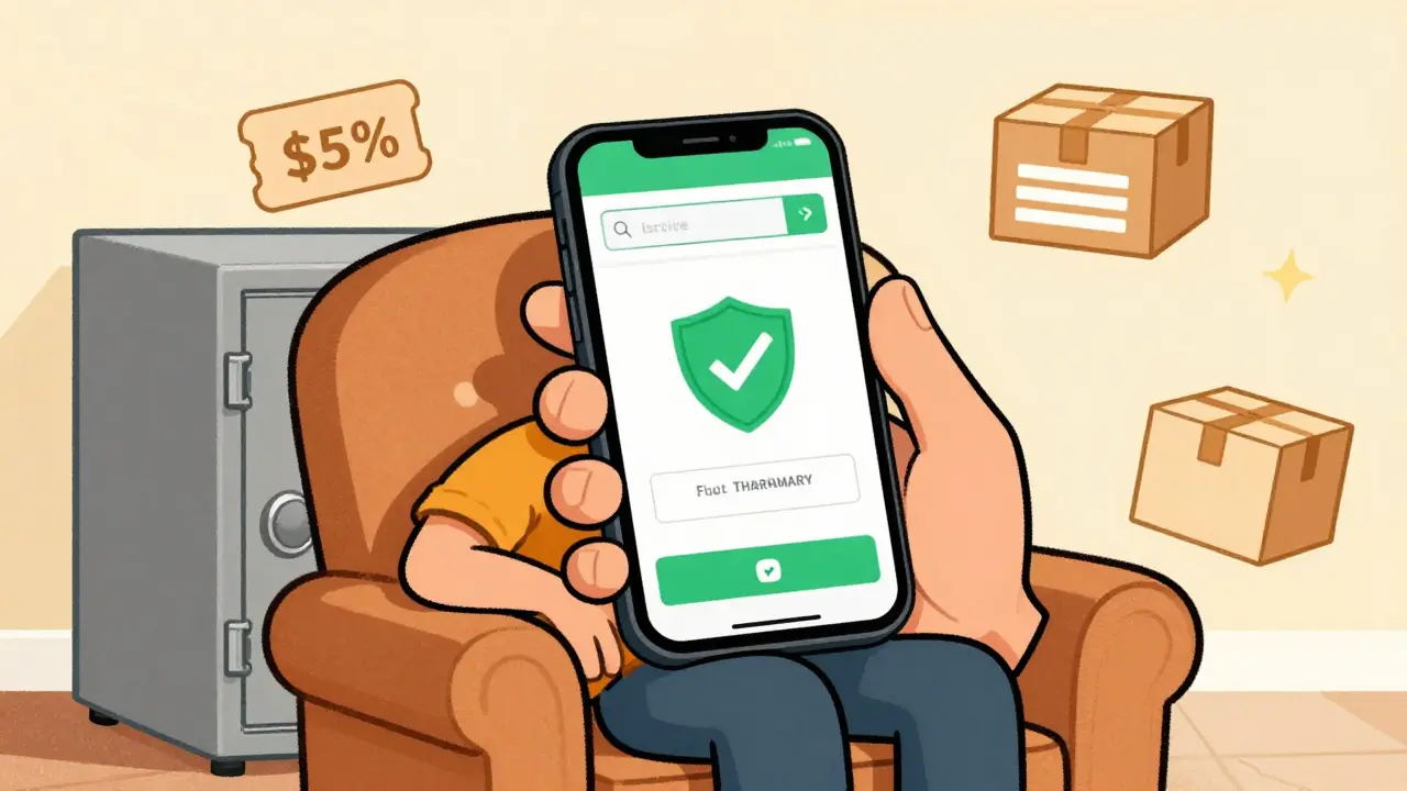 Person safely ordering medication online with verified pharmacy
