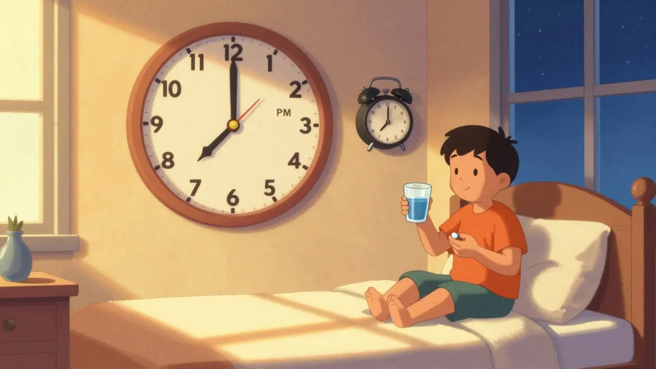 Person taking medication at bedtime with clock and sunlight