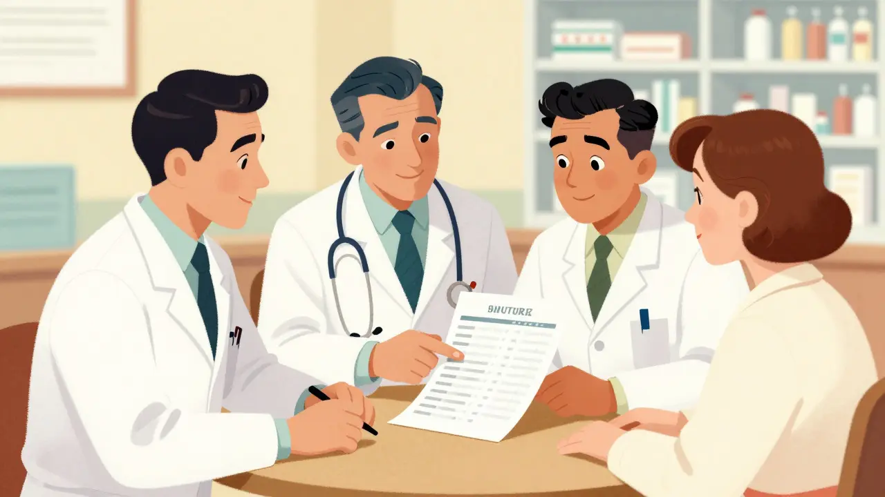 Physician, pharmacist, and patient discuss treatment options collaboratively in a retro cartoon office scene.