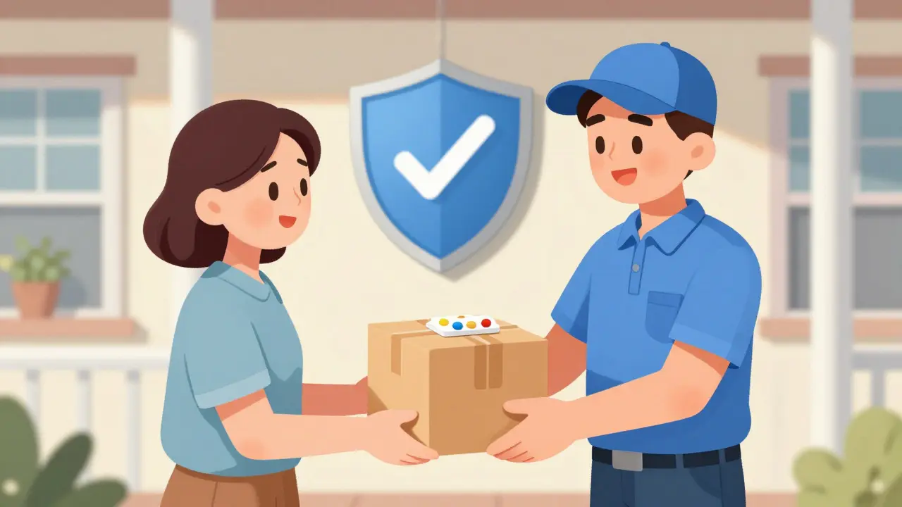 Safe home delivery of generic meds shown in vintage cartoon illustration