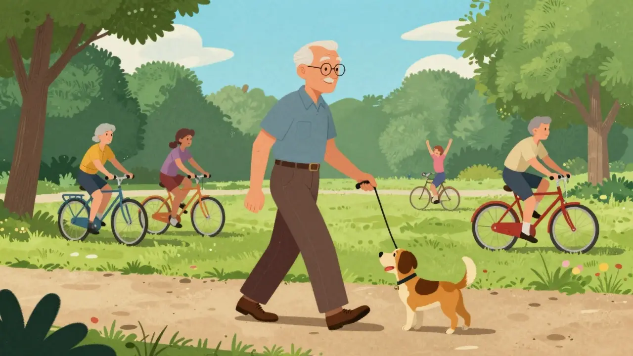 Senior enjoying a walk in the park during long-term maintenance