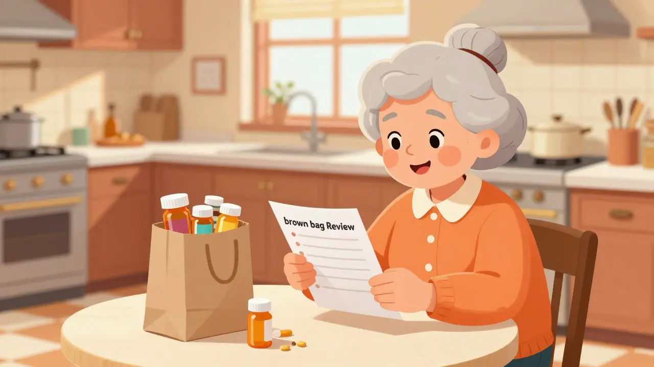 Senior woman and pharmacist reviewing medication list together