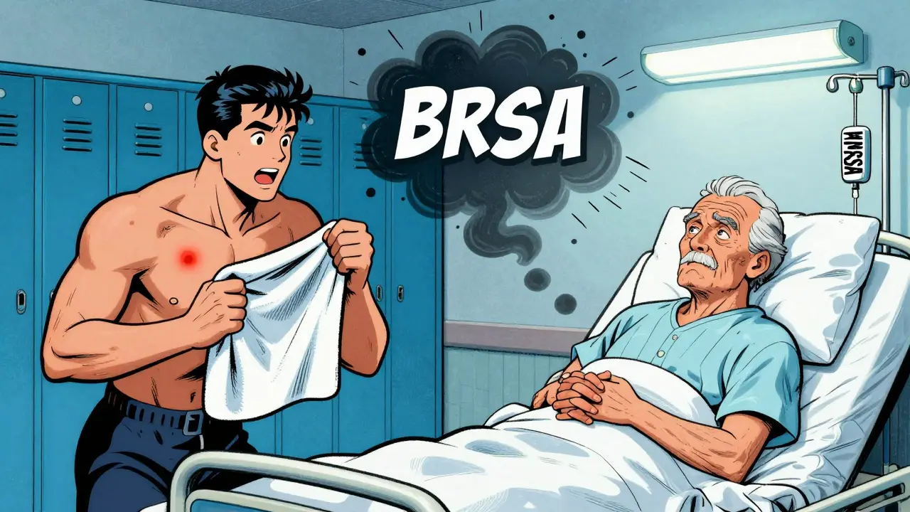 Split cartoon showing MRSA spreading between athletes and hospital patients.