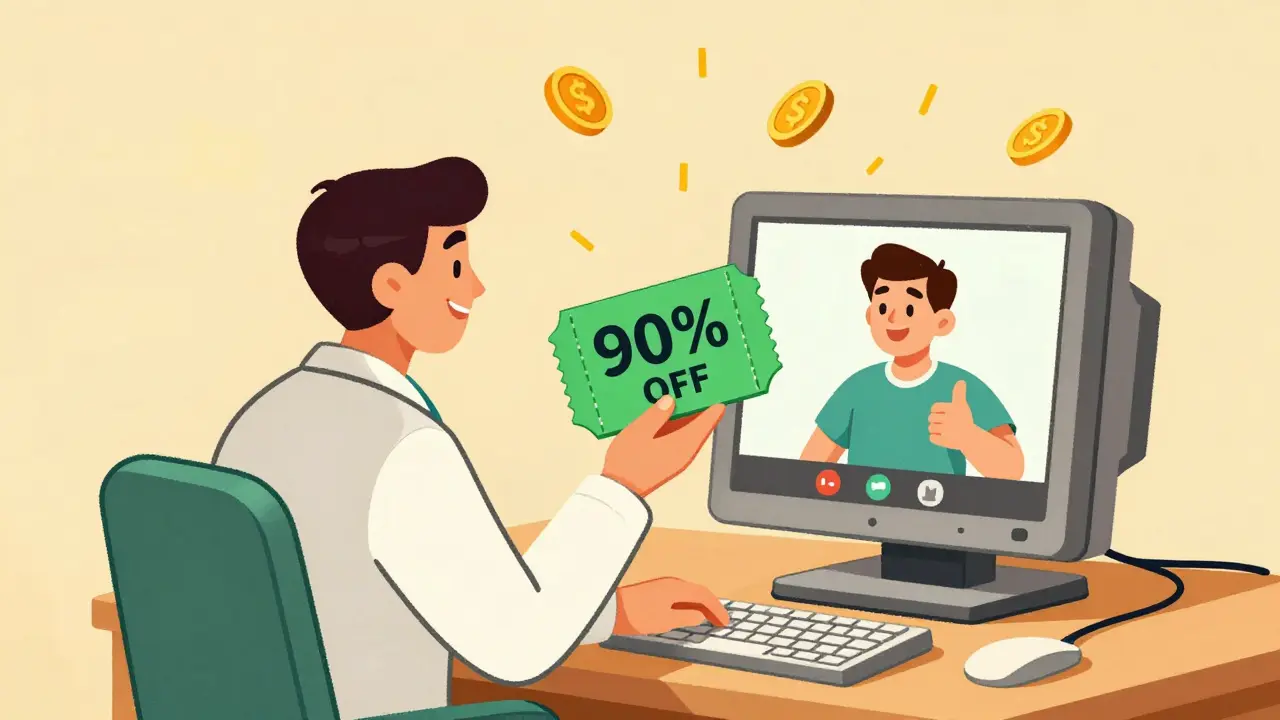 Vintage cartoon of telemedicine saving money on meds