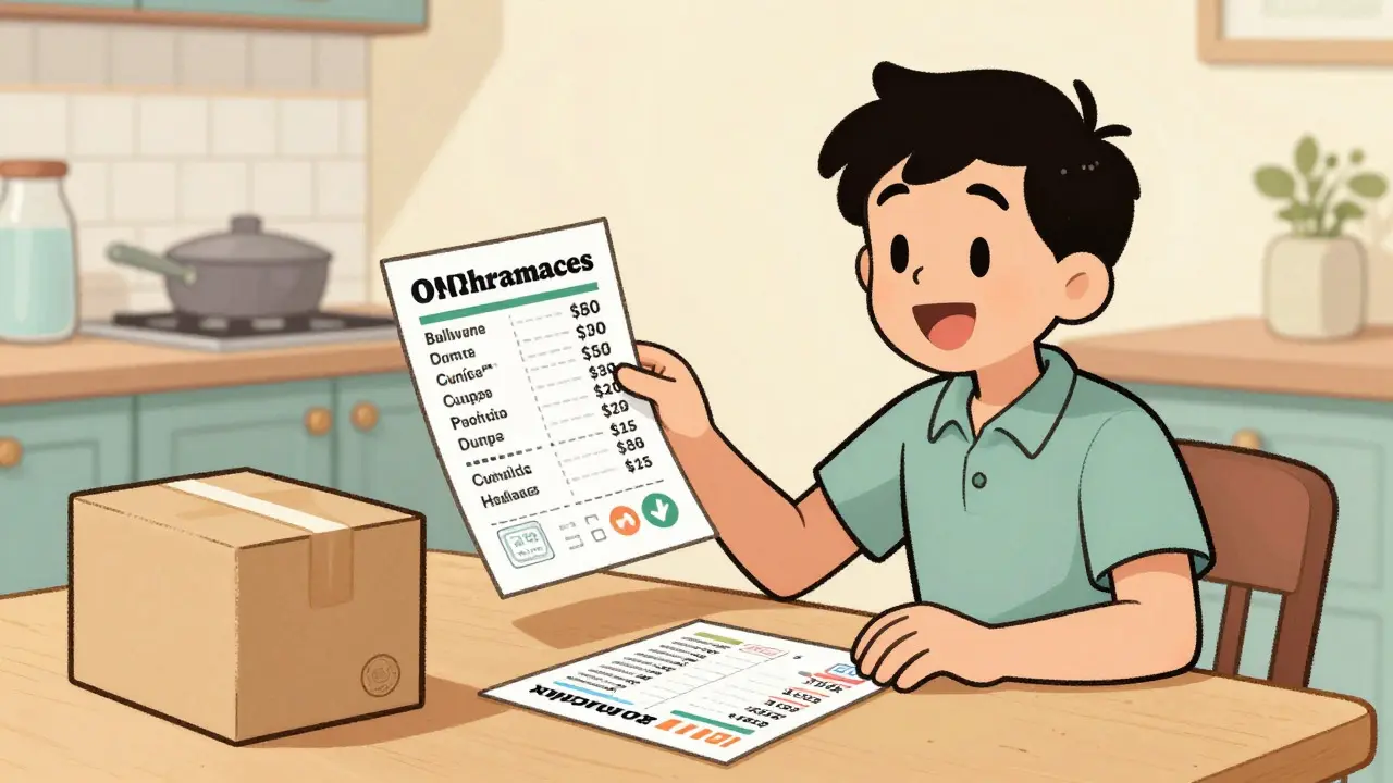 Vintage illustration of person comparing pharmacy coupons and online delivery options