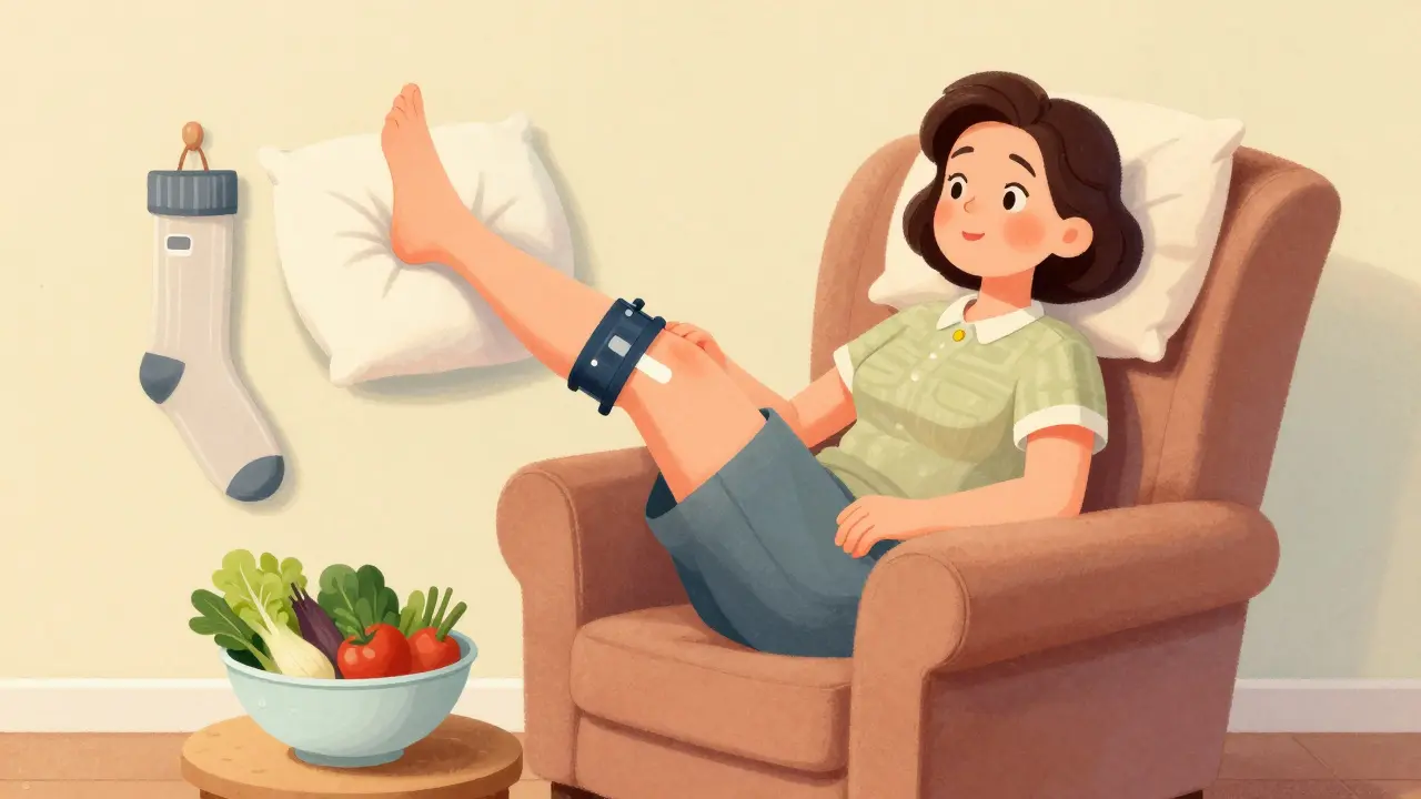 Woman elevating legs on pillows with healthy food to manage fluid retention