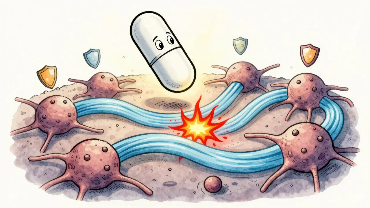 Cartoon illustration of a pill calming chaotic neuron signals with blue waves