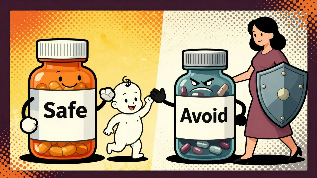 Cartoon pills showing safe vs unsafe meds for pregnancy