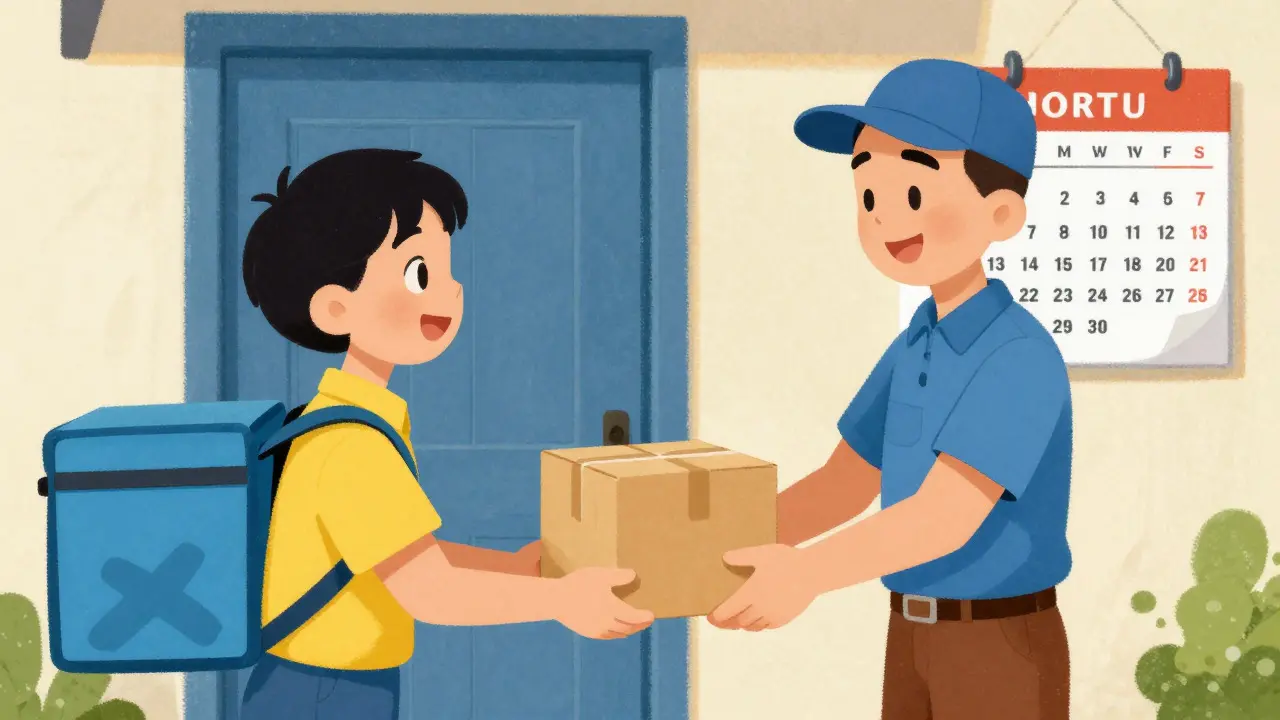 Delivery person handing medication package to happy customer