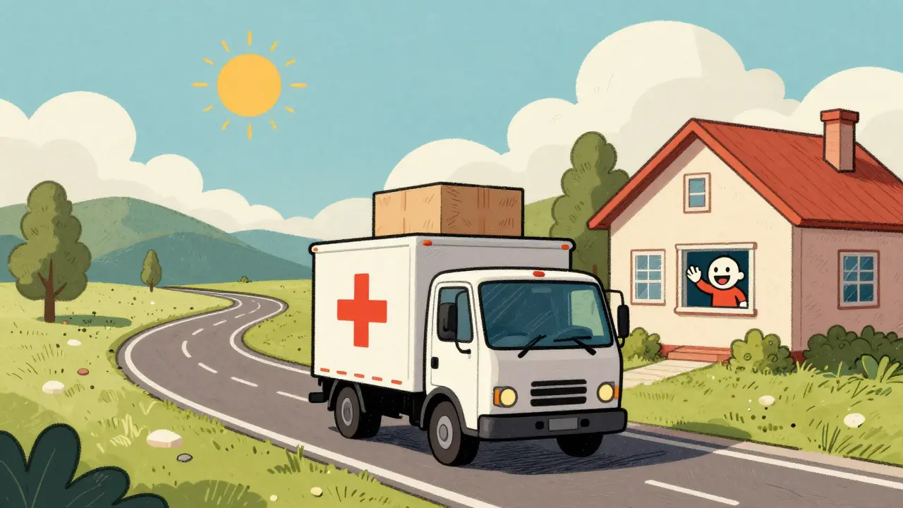 Delivery truck arriving at a house with a medicine package
