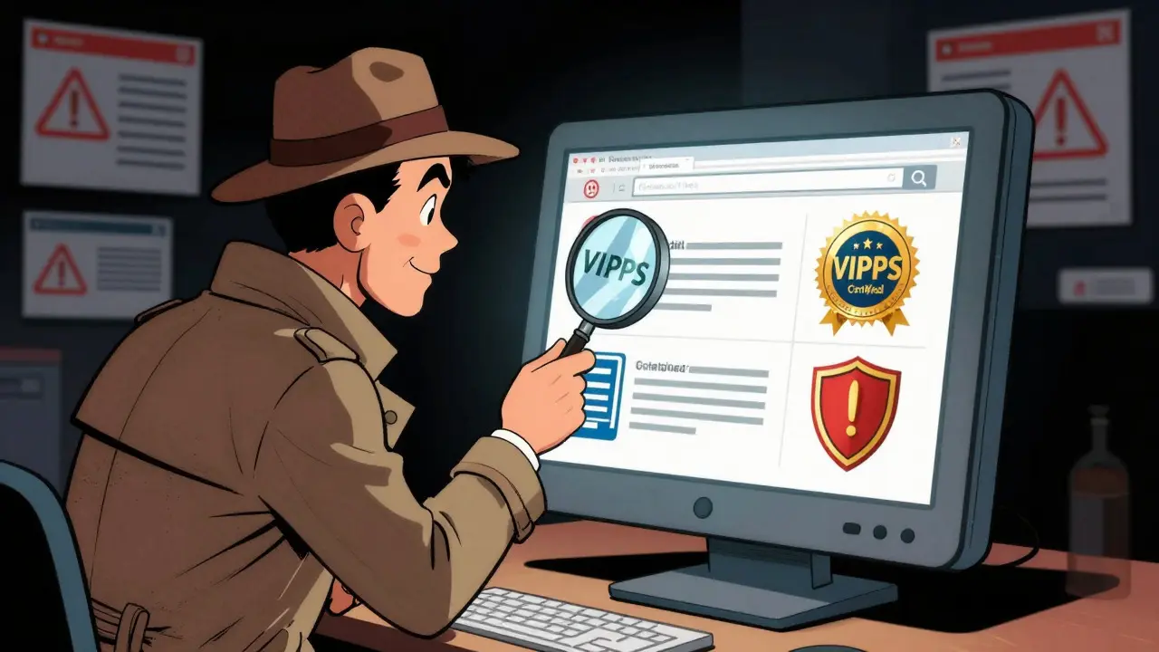 Detective verifying safe online pharmacy certification seals