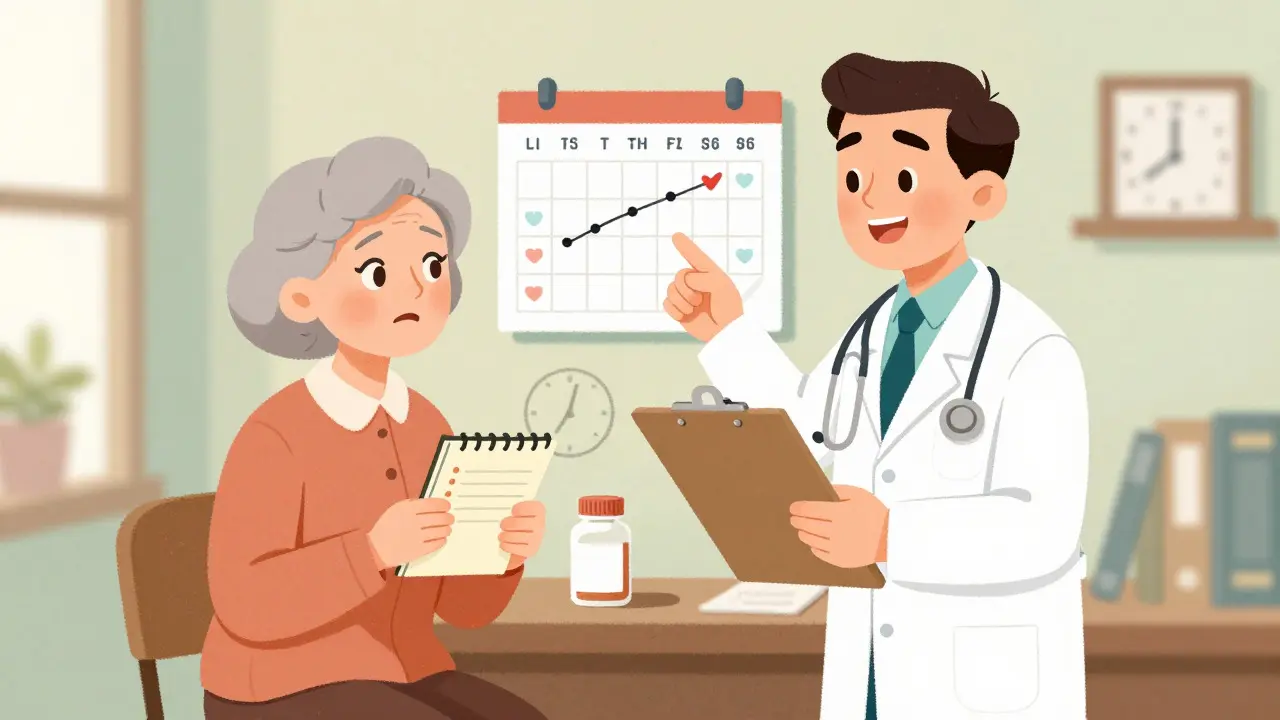Doctor and patient discussing medication timing and symptom tracking in office