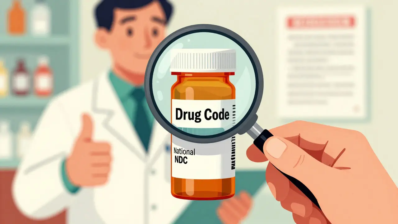 Hand using magnifying glass to check drug code on prescription bottle