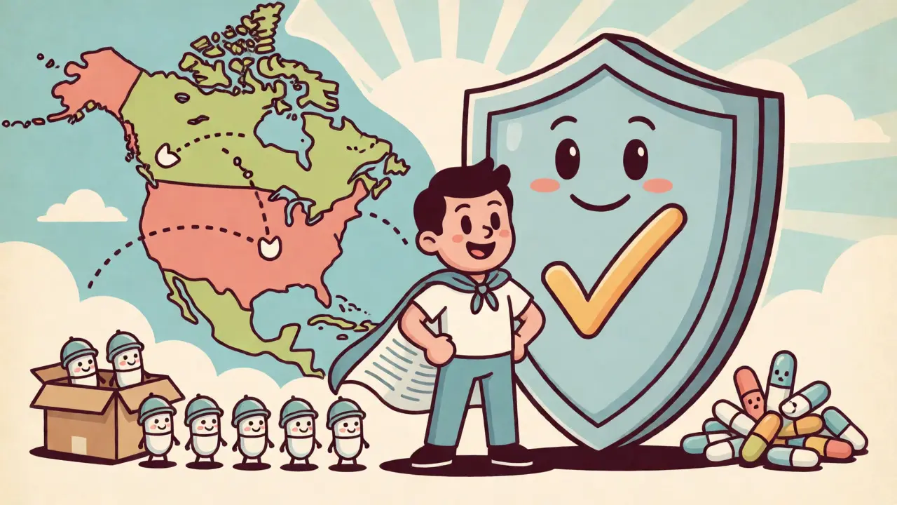 Heroic patient with a shield and safe pills marching into a box on a map.