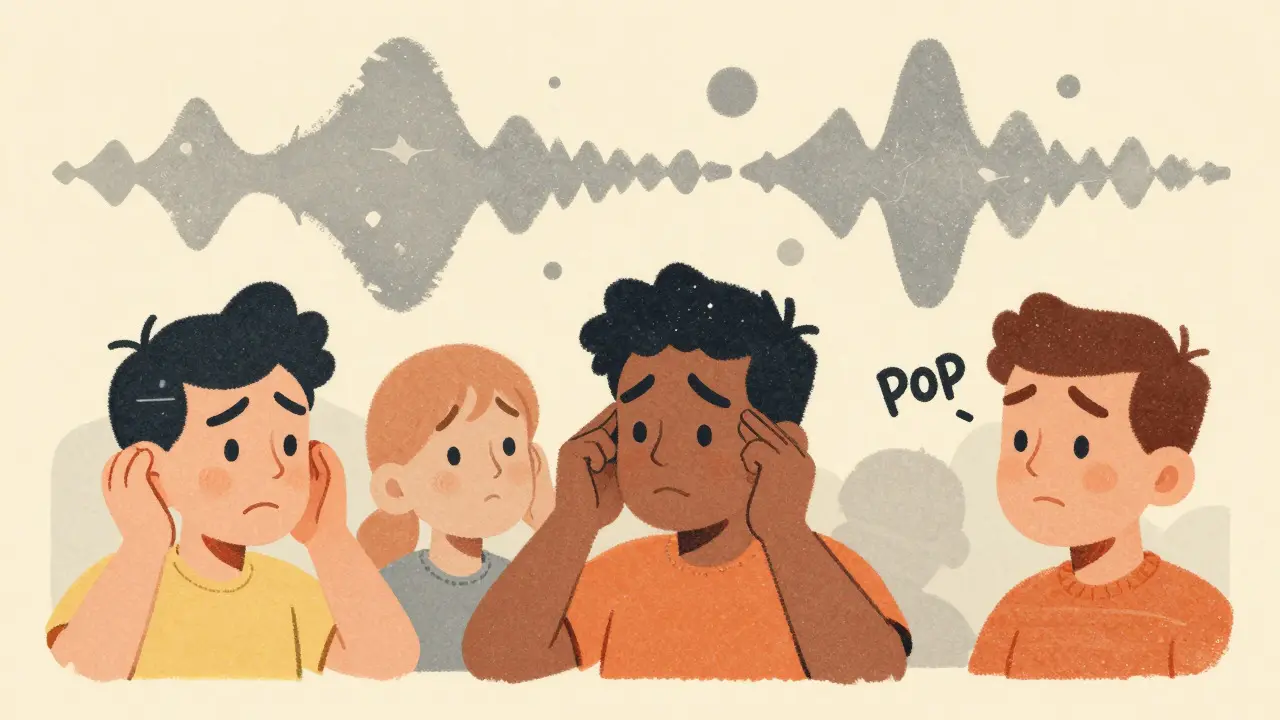 Illustration of people experiencing muffled hearing and ear fullness symptoms