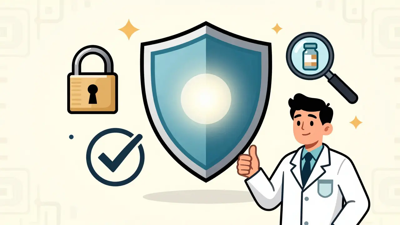 Illustration of safety symbols and a pharmacist giving a thumbs up