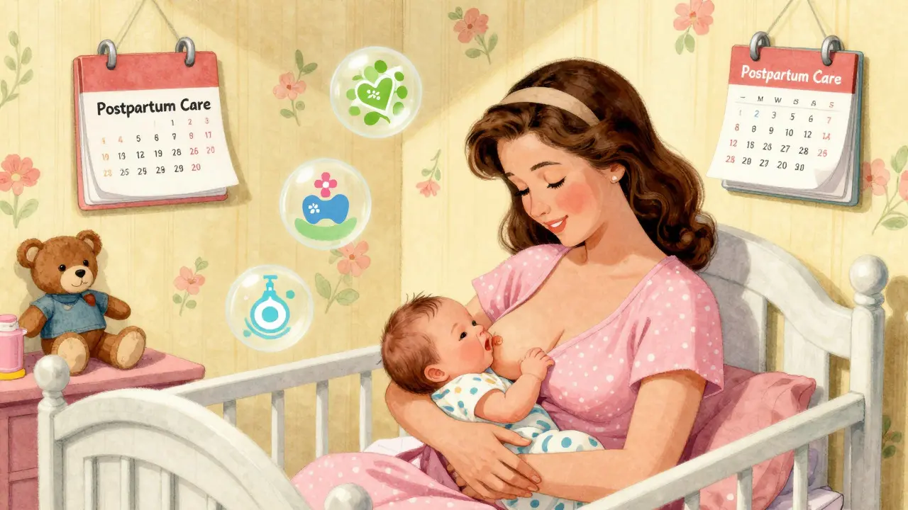 Mother breastfeeding baby with postpartum care reminder