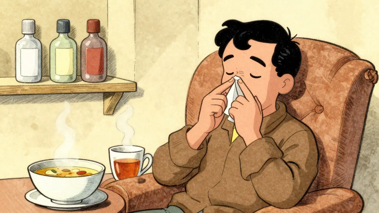 Person performing the Valsalva maneuver at home with soup and tea nearby