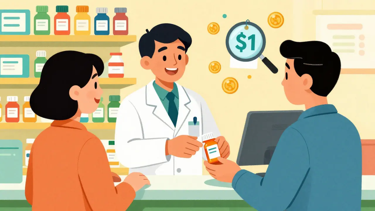 Pharmacist handing a prescription bottle to a customer at a counter