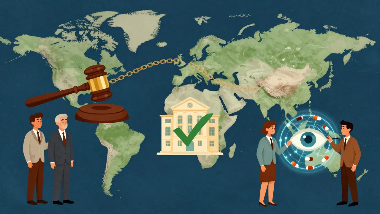 Retro cartoon showing global antitrust enforcement across three regions