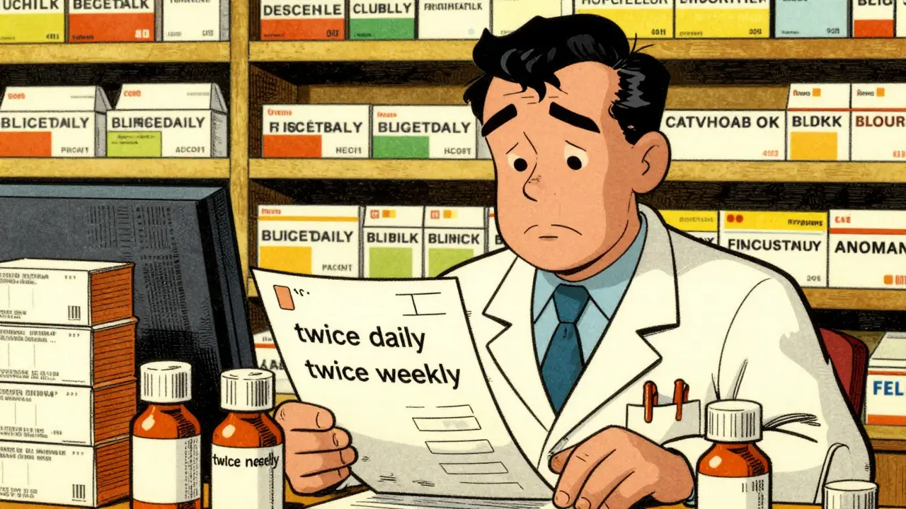 Retro illustration of pharmacist overwhelmed by workload causing labeling errors