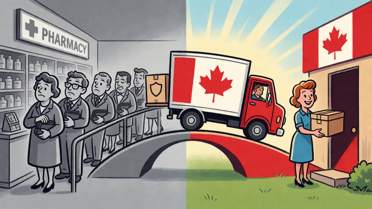Split scene showing expensive local pharmacy versus fast Canadian delivery truck.