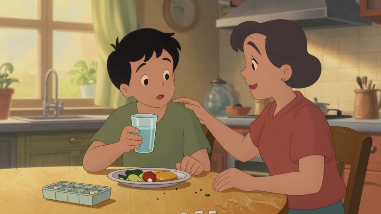 Vintage cartoon of a patient eating a meal with a supportive family member