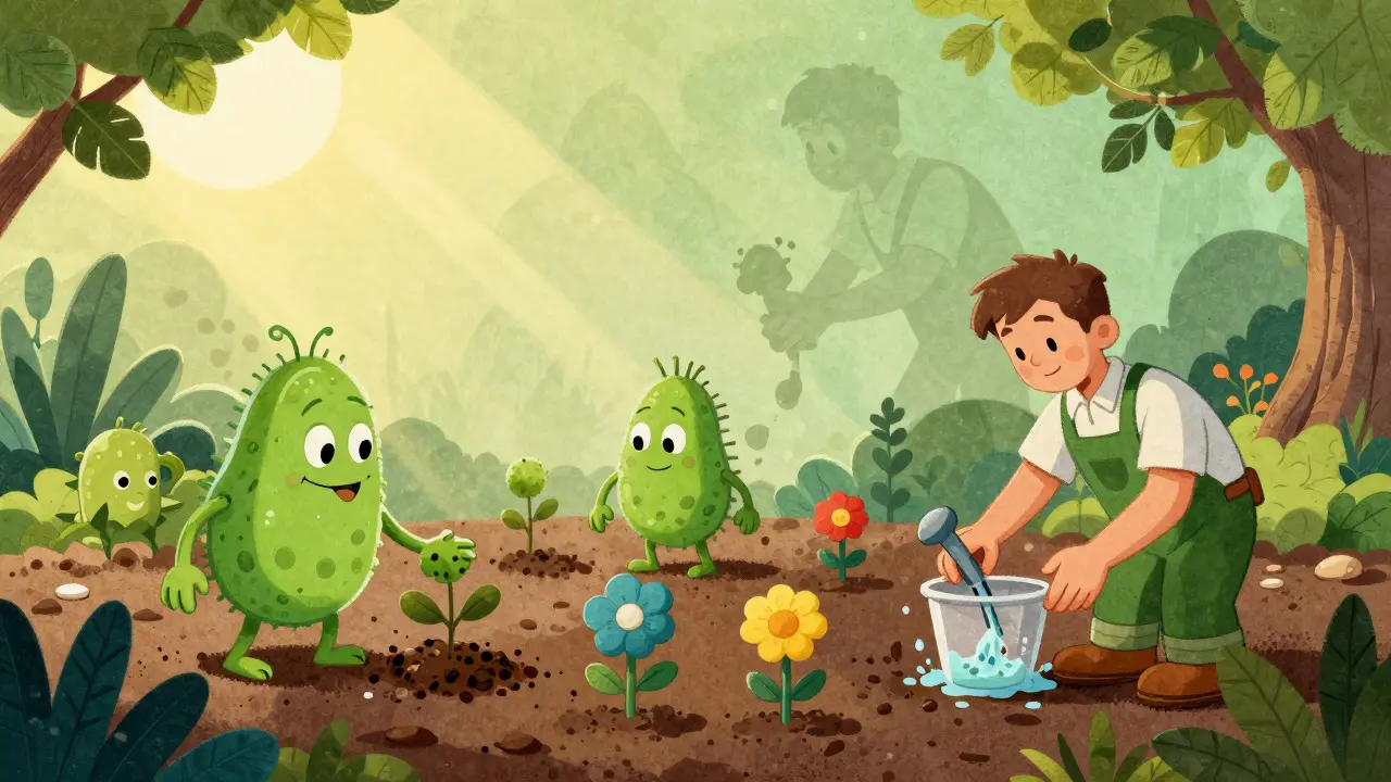 Vintage cartoon of gut bacteria recovering like garden