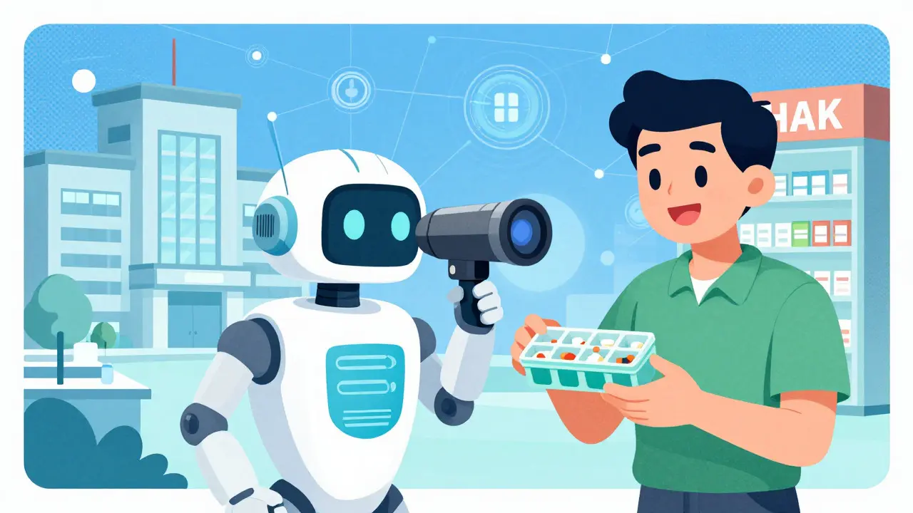 Vintage cartoon of robot and patient ensuring safe medication use with tech